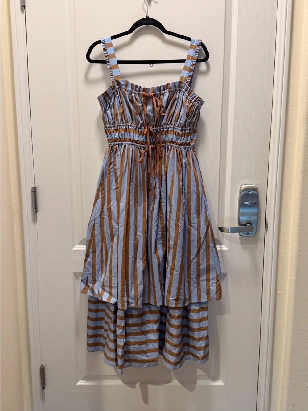 Arose Studio Seraphina Blue & Brown Striped Midi Dress Summer Size S NWOT - Picture 2 of 5
